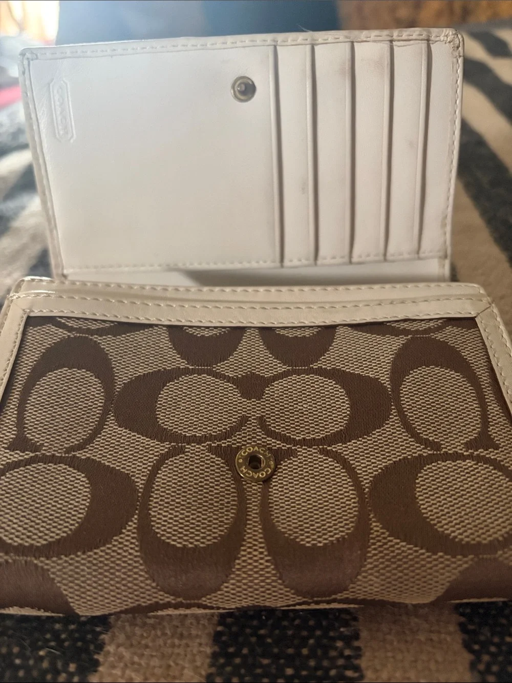 Rare Coach Y2K Signature Striped Flower Canvas Wallet with Orange Floral Accent